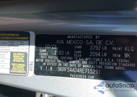 2024 Kia Forte Gt-Line из США, поврежденный, VIN 3KPF54AD4RE715291